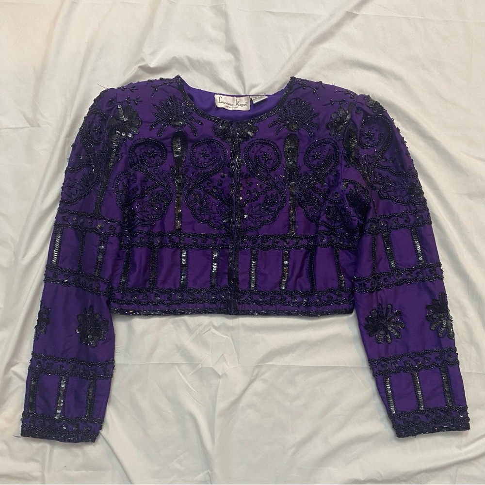 Vintage 80s Silk Beaded Purple Cropped Long Sleeve Blouse, Whimsical Grunge